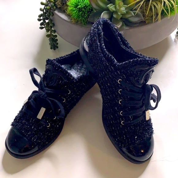 CHANEL CC BLACK METALLIC Shimmer tweed lace-up sneakers women’s size 37 shoes - Picture 2 of 14